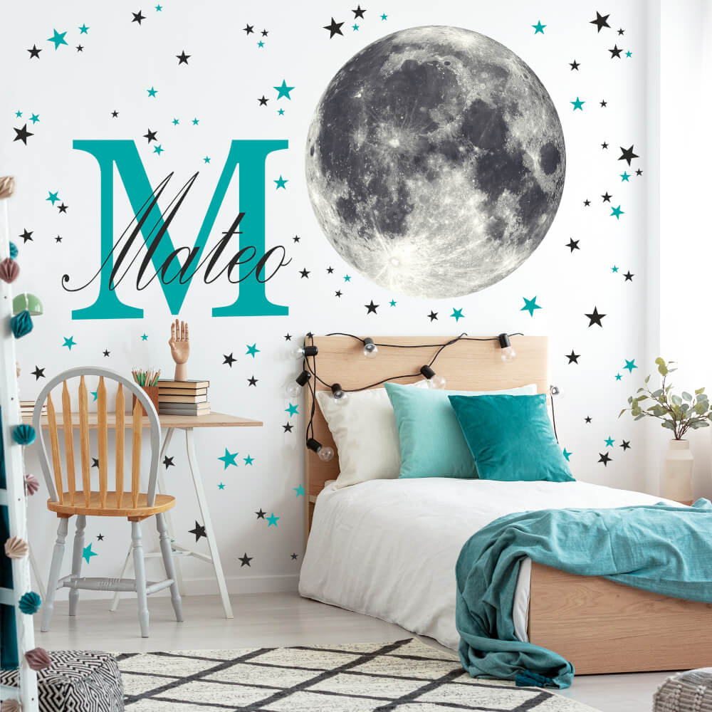 Adhesivo mural - Luna con estrellas y nombre