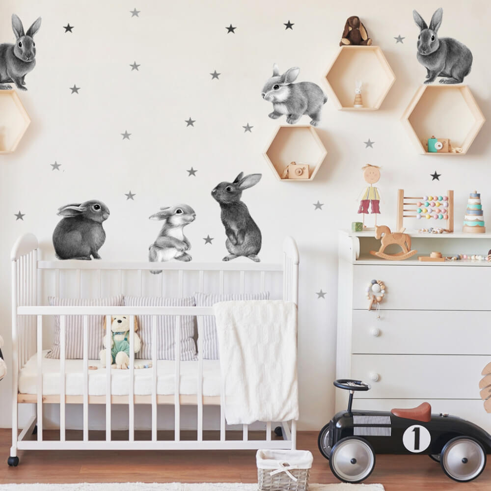 Adhesivos para pared: conejitos grises para habitación infantil
