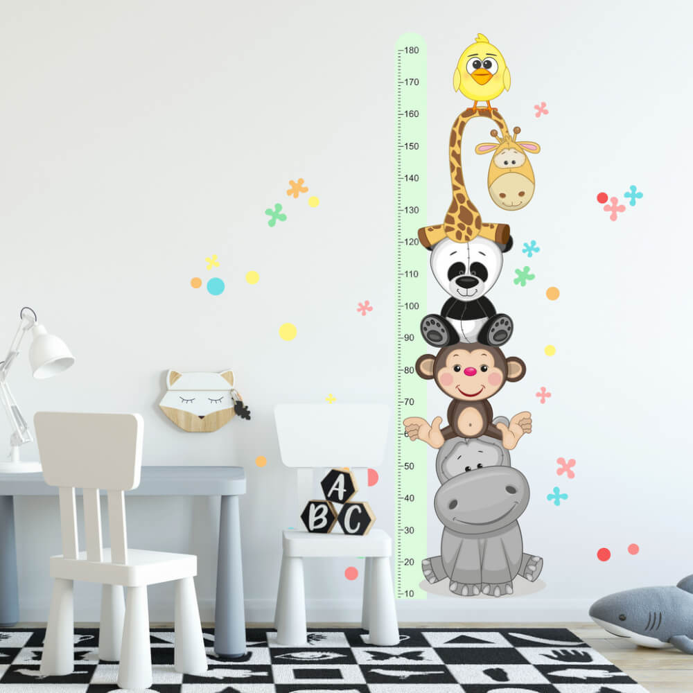 Adhesivo para pared: medidor para niños con animales felices (180 cm)